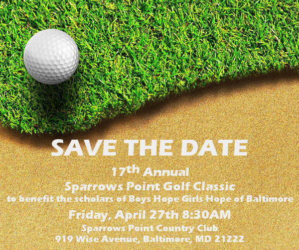 Save the date for golf tournament. Golf ball and grass in background